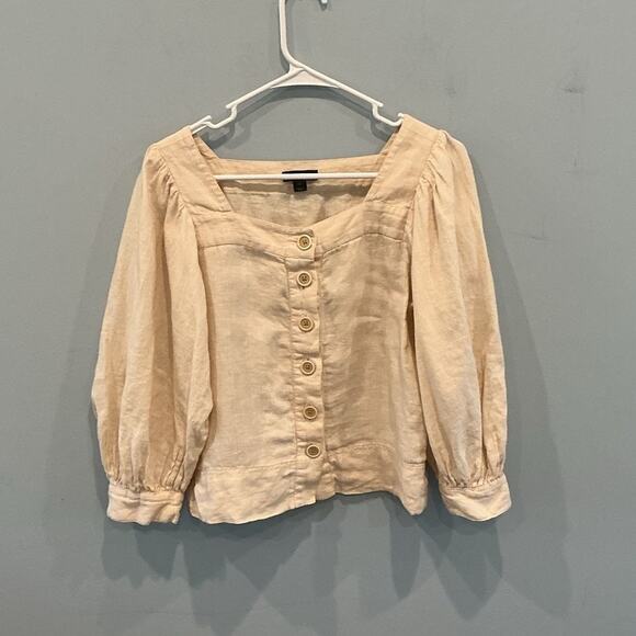 J.CREW Tops - JCrew‎ Womens Linen Button Up Square Neck Top Beige Cottage Romantic Euro Summer